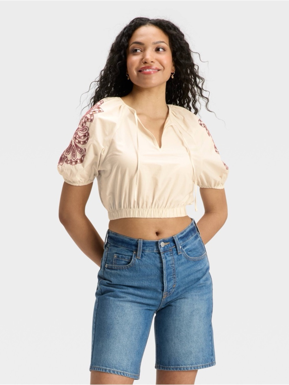 Universal Thread Light Cream Blouse with Burgundy Embroidery NWT